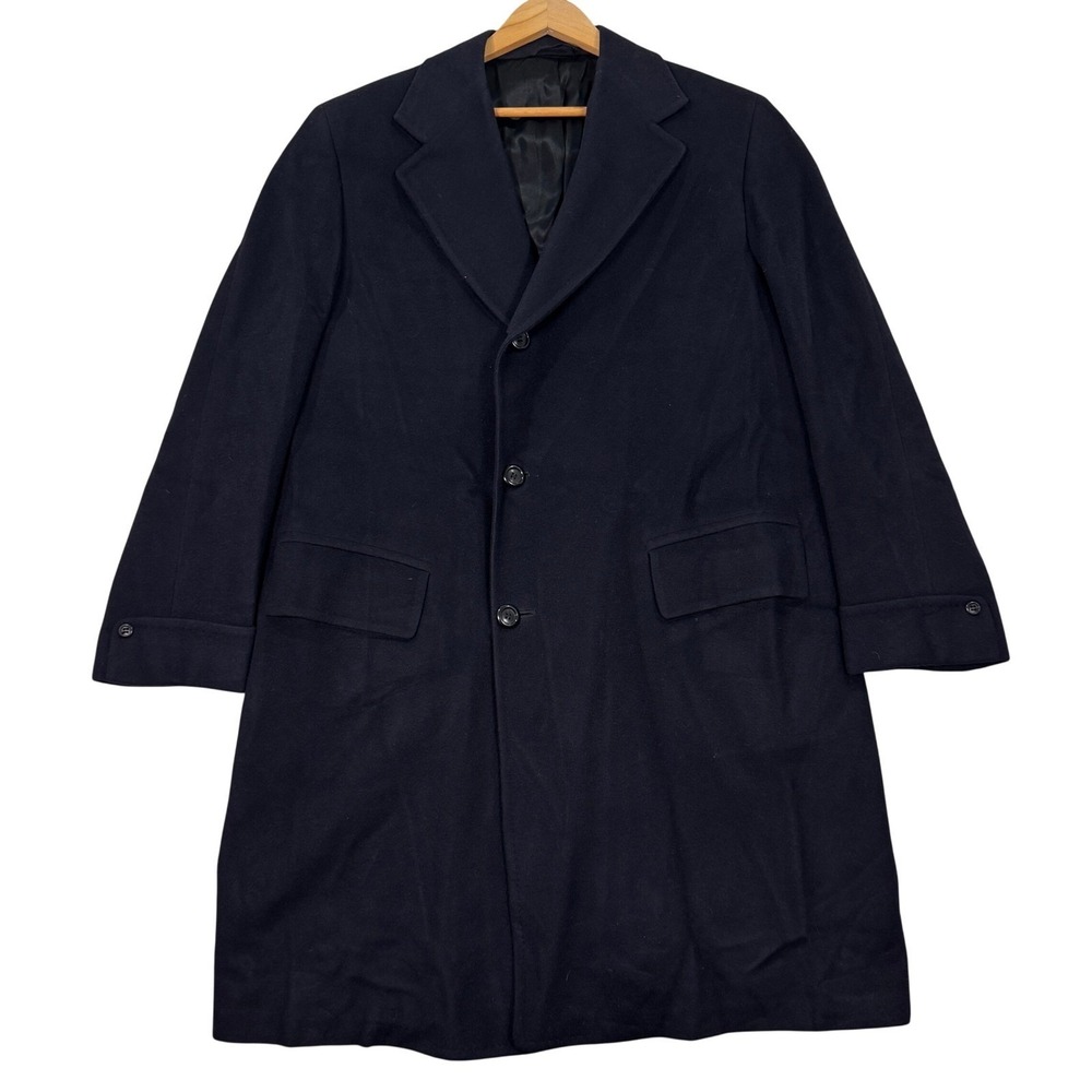 Vintage Mens 44R 100% Pure Cashmere Overcoat Black Wool Winter Jacket Coat